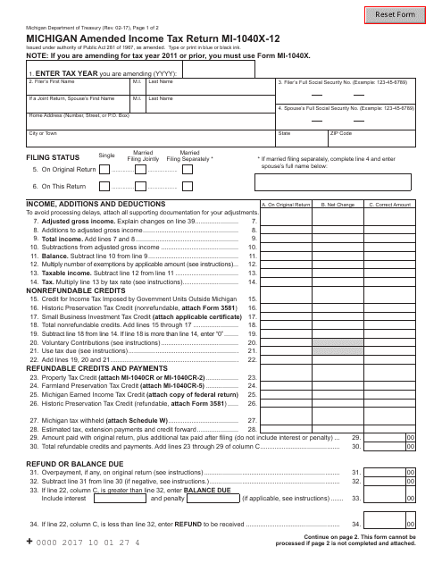 Form MI-1040X-12  Printable Pdf