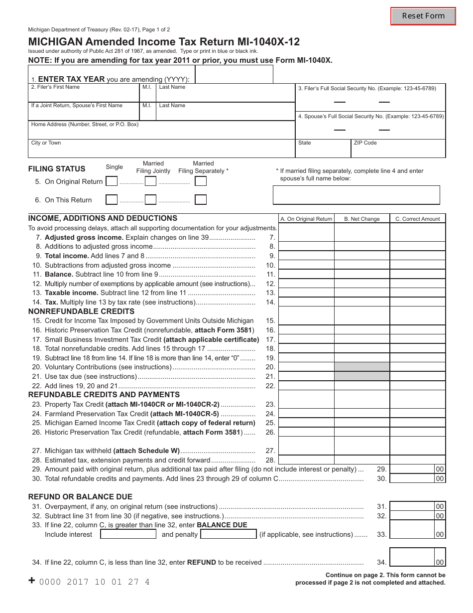 Form MI-1040X-12 Michigan Amended Income Tax Return - Michigan, Page 1