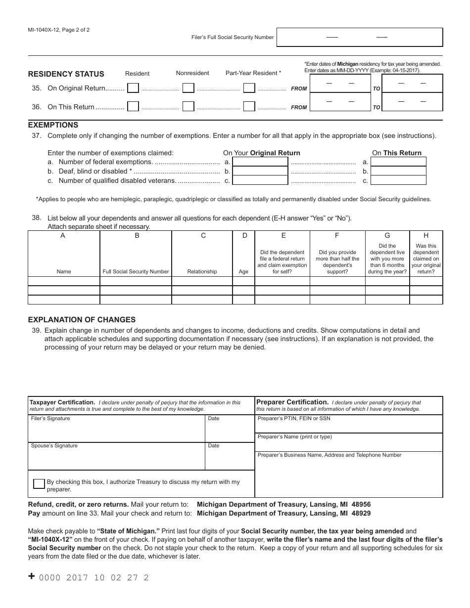 Form Mi 1040x 12 Fill Out Sign Online And Download Fillable Pdf Michigan Templateroller 