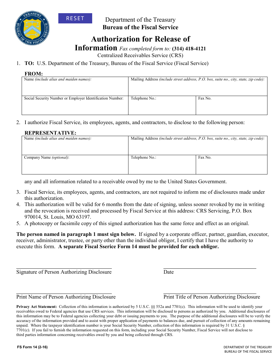 FS Form 14 Authorization for Release of Information, Page 1