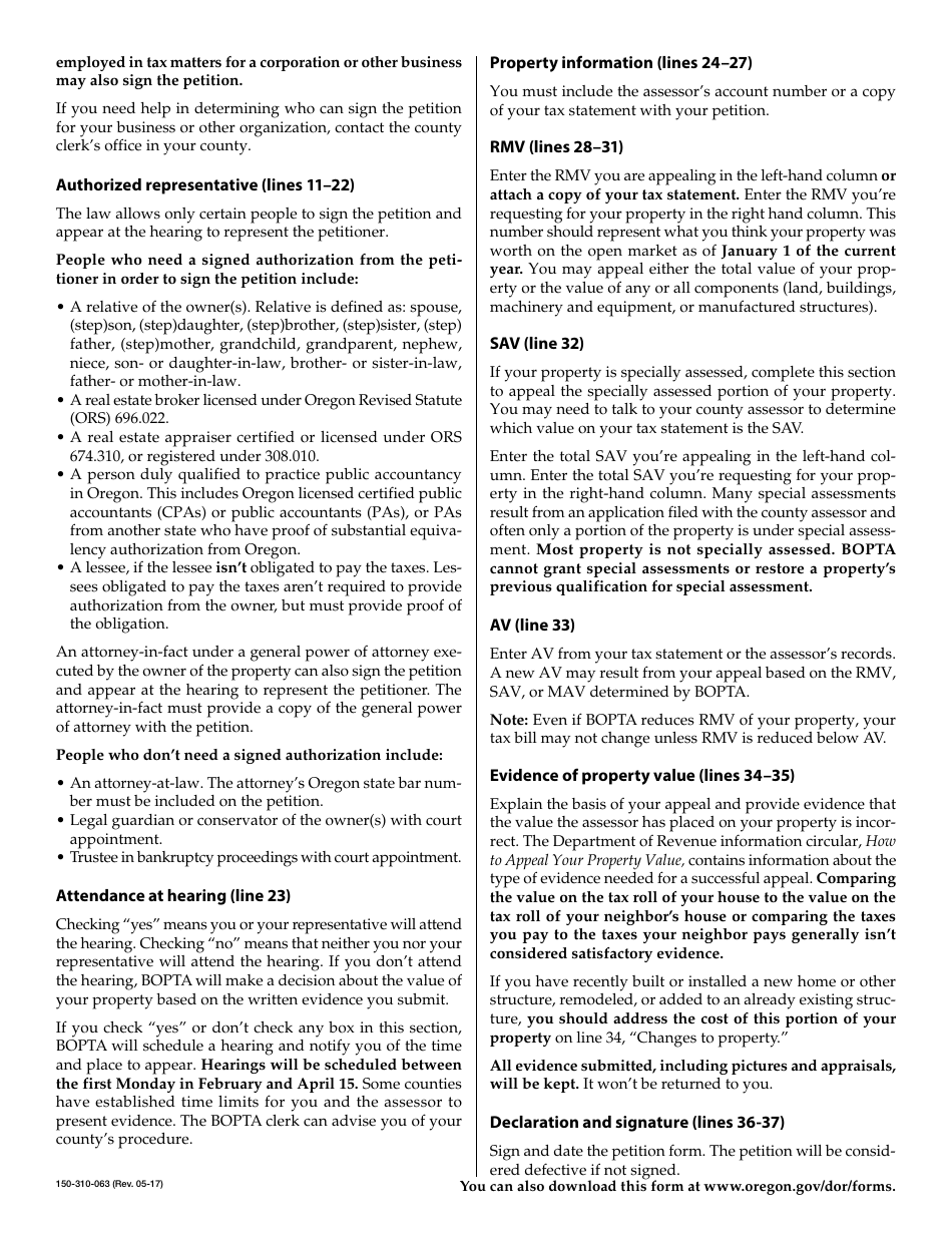 Form 150-310-063 Board of Property Tax Appeals Real Property Petition - Oregon, Page 2