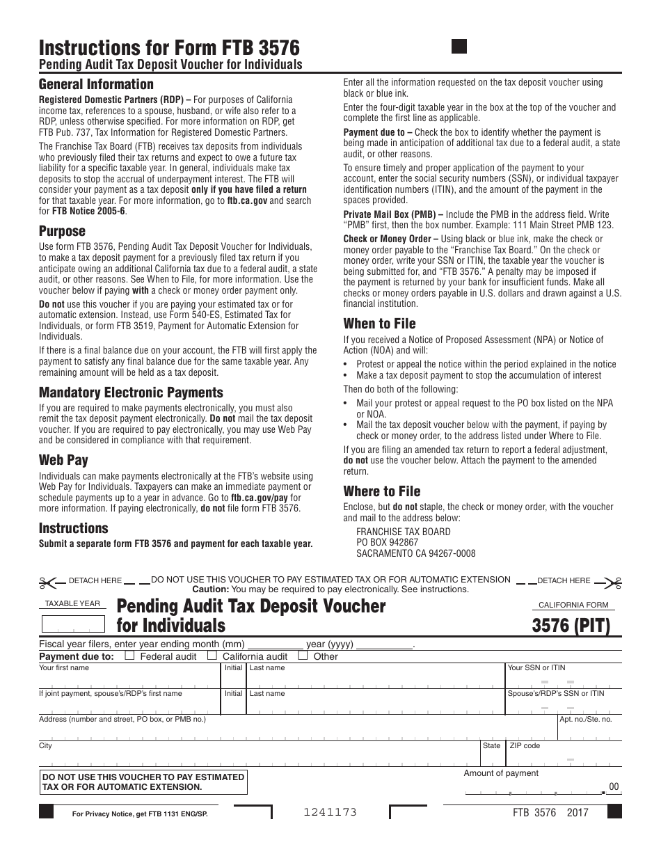 Form FTB3576 (PIT) Pending Audit Tax Deposit Voucher for Individuals - California, Page 1