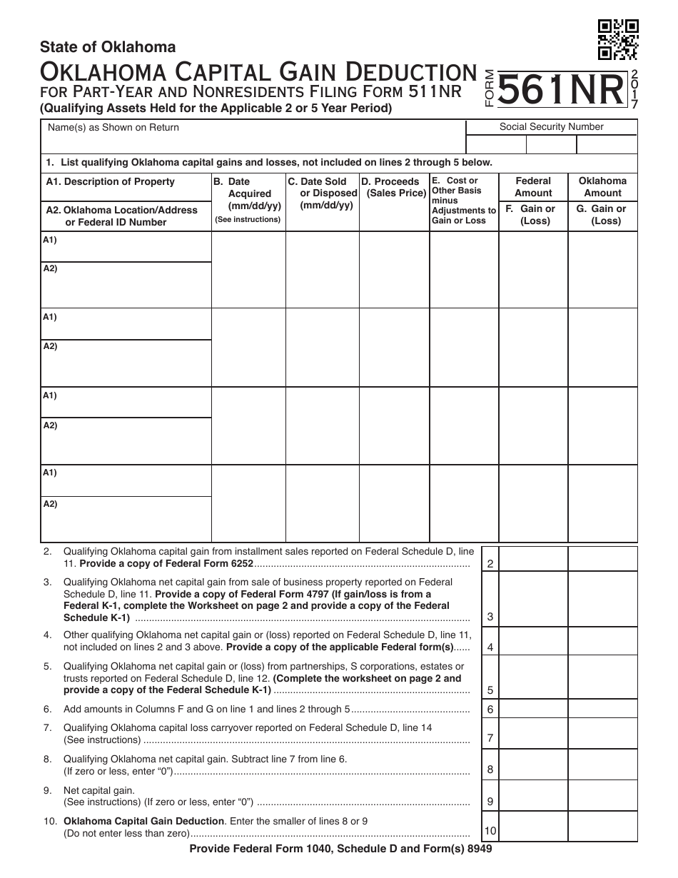 OTC Form 561NR Oklahoma Capital Gain Deduction for Part-Year and Nonresidents Filing Form 511nr (Qualifying Assets Held for the Applicable 2 or 5 Year Period) - Oklahoma, Page 1