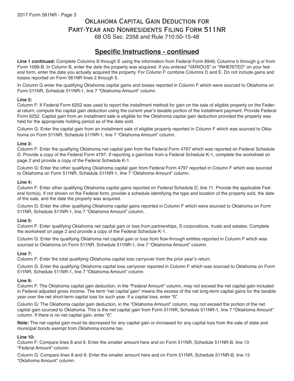 OTC Form 561NR Oklahoma Capital Gain Deduction for Part-Year and Nonresidents Filing Form 511nr (Qualifying Assets Held for the Applicable 2 or 5 Year Period) - Oklahoma, Page 3