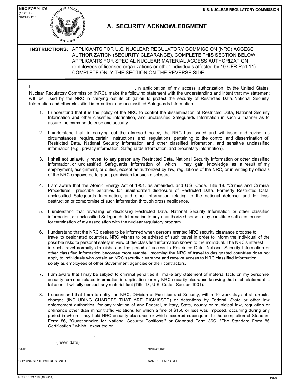 NRC Form 176 Fill Out, Sign Online and Download Fillable PDF