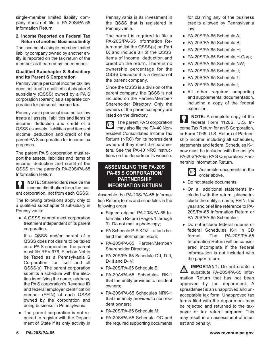 Form PA-20s / 65 Pa S Corporation / Partnership Information Return - Pennsylvania, Page 10