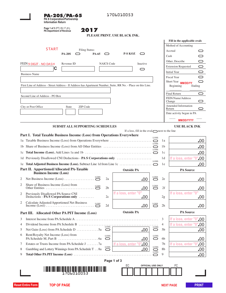 Form PA-20s / 65 Pa S Corporation / Partnership Information Return - Pennsylvania, Page 1