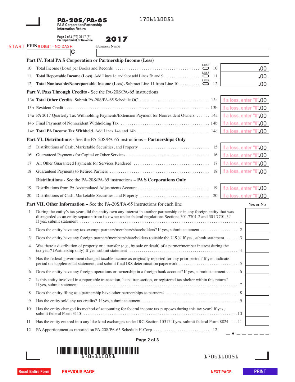 Form PA-20s / 65 Pa S Corporation / Partnership Information Return - Pennsylvania, Page 2
