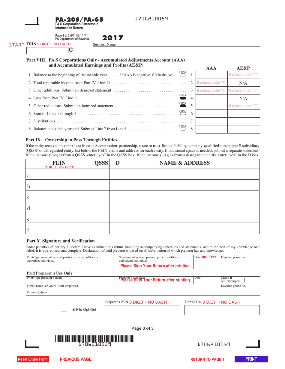 Form PA-20s / 65 Pa S Corporation / Partnership Information Return - Pennsylvania, Page 3