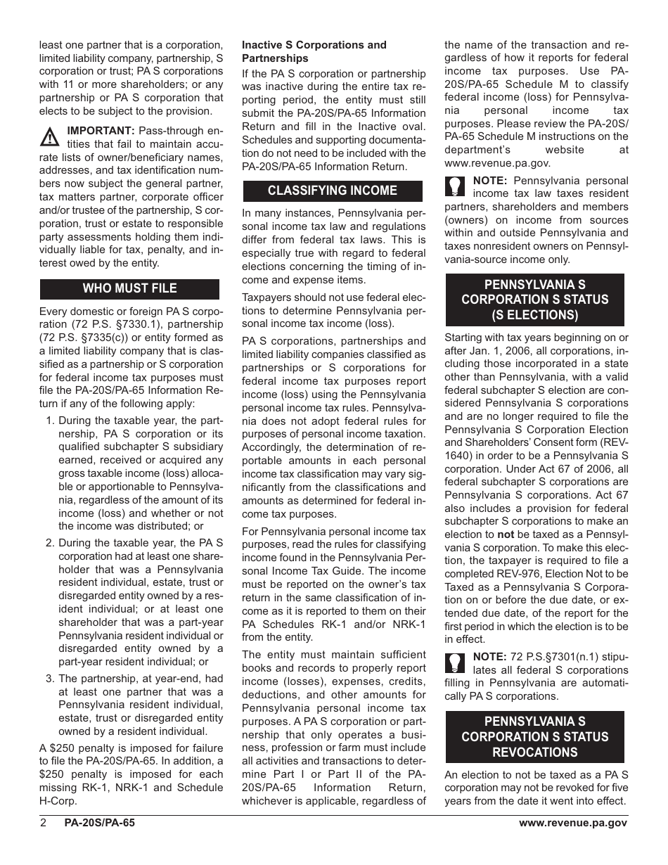 Form PA-20s / 65 Pa S Corporation / Partnership Information Return - Pennsylvania, Page 6