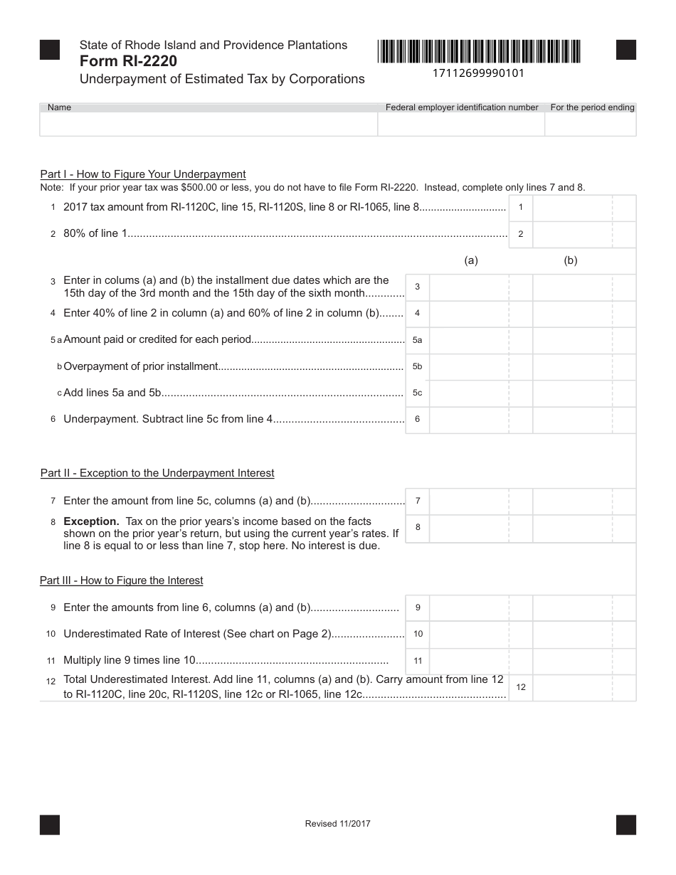 Form RI-2220 Underpayment of Estimated Tax by(corporations - Rhode Island, Page 1