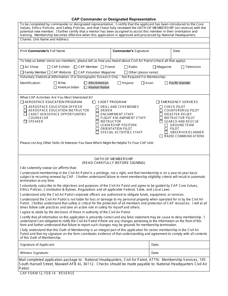 CAP Form 12 Application for Senior Membership in the Civil Air Patrol, Page 2
