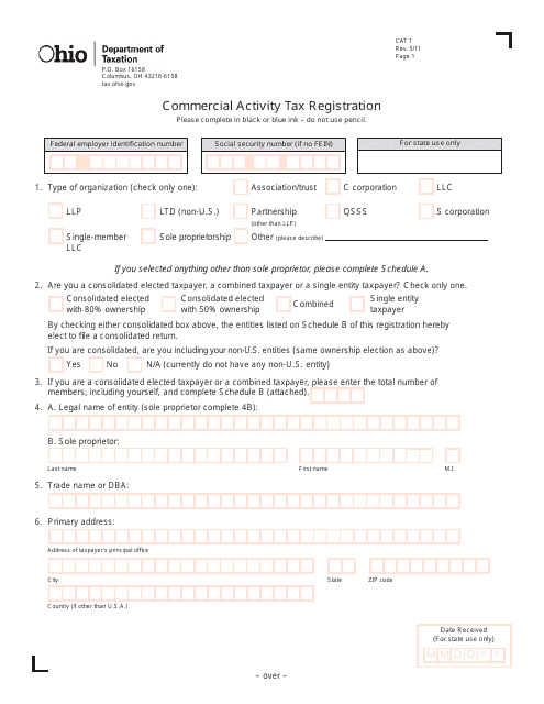 Form CAT1 Commercial Activity Tax Registration - Ohio