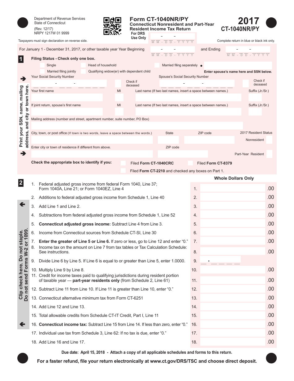 Form CT-1040NR / PY Connecticut Nonresident and Part-Year Resident Income Tax Return - Connecticut, Page 1