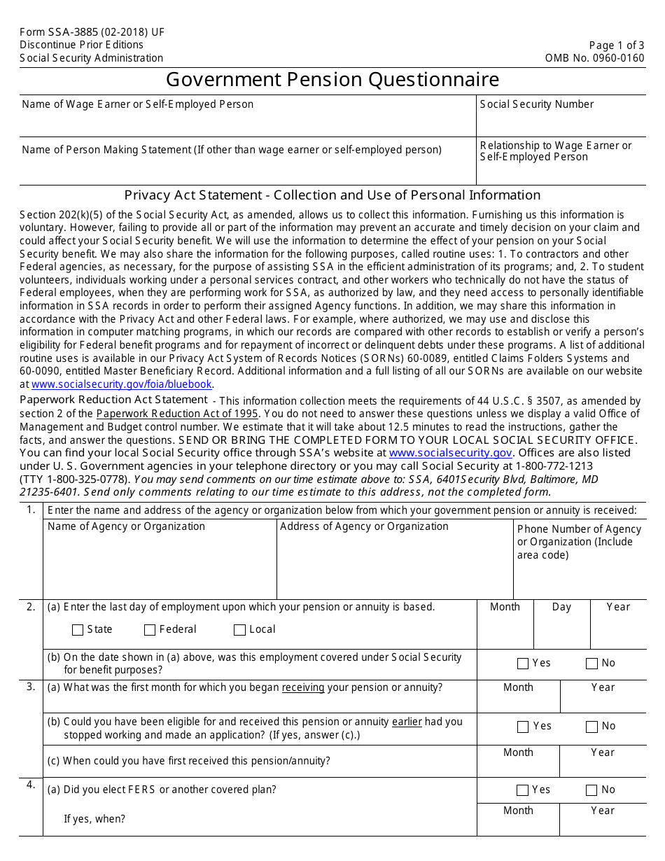 Form SSA-3885 Government Pension Questionnaire, Page 1