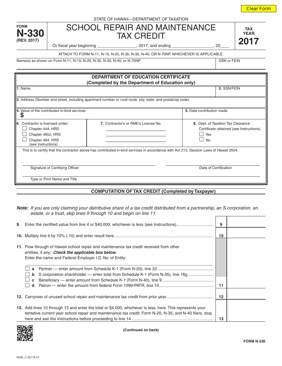 Form N-330 School Repair and Maintenance Tax Credit - Hawaii, Page 1