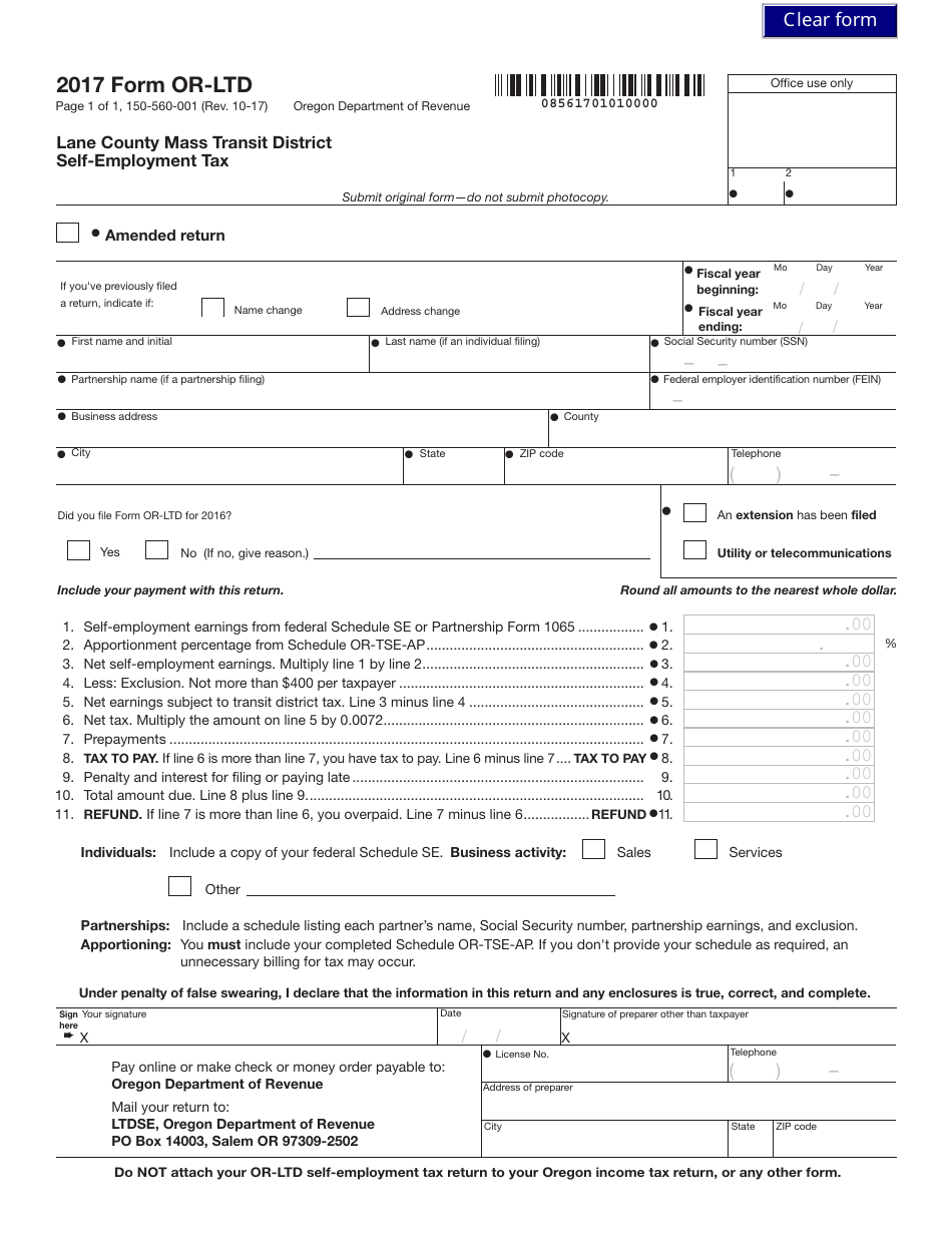 Form OR-LTD Lane County Mass Transit District Self-employment Tax - Oregon, Page 1
