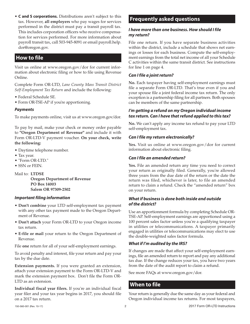 Form OR-LTD Lane County Mass Transit District Self-employment Tax - Oregon, Page 3