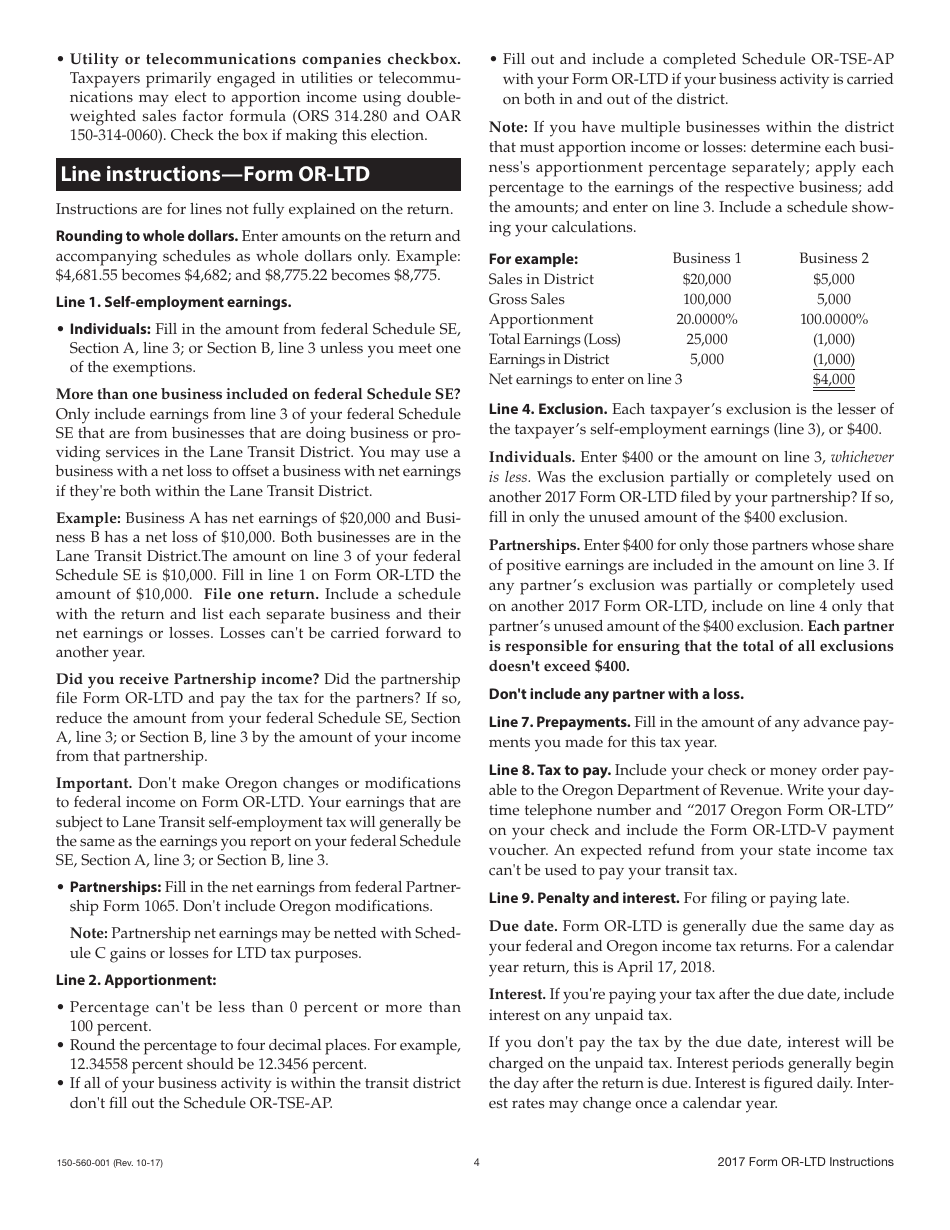 Form OR-LTD Lane County Mass Transit District Self-employment Tax - Oregon, Page 5