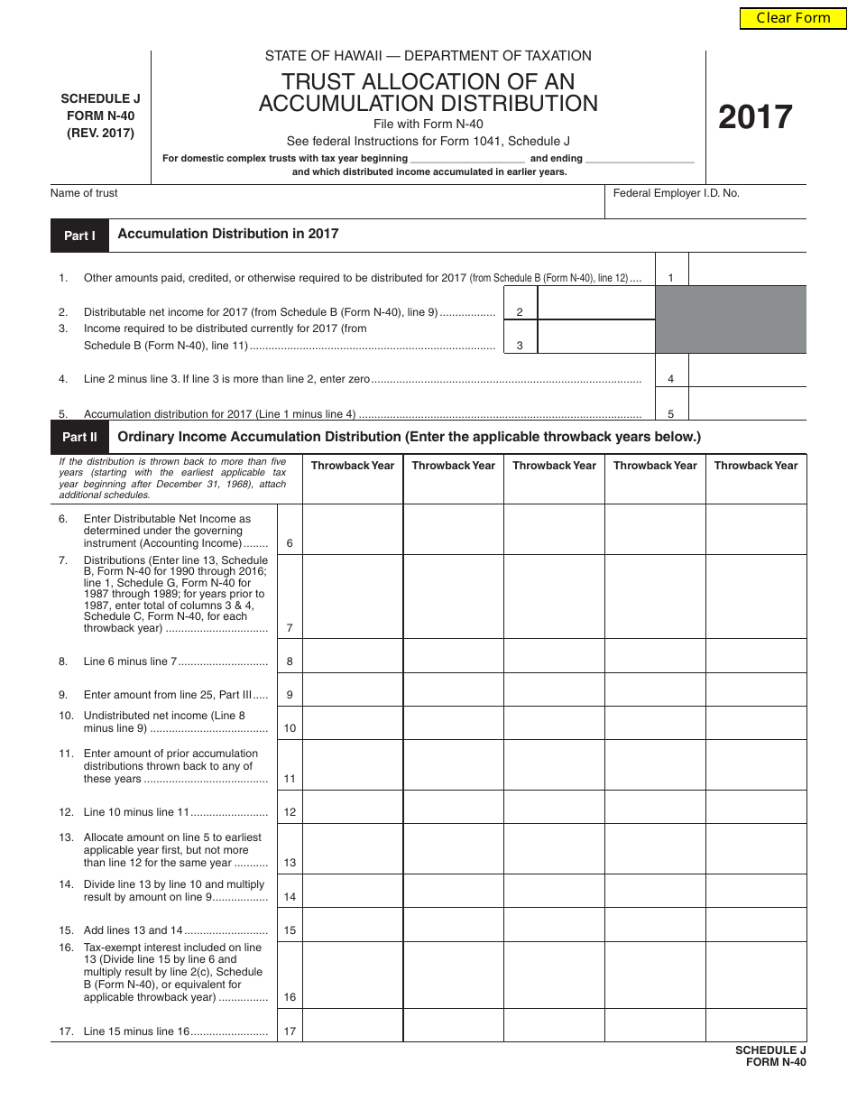 Form N-40 Schedule J Trust Allocation of an Accumulation Distribution - Hawaii, Page 1