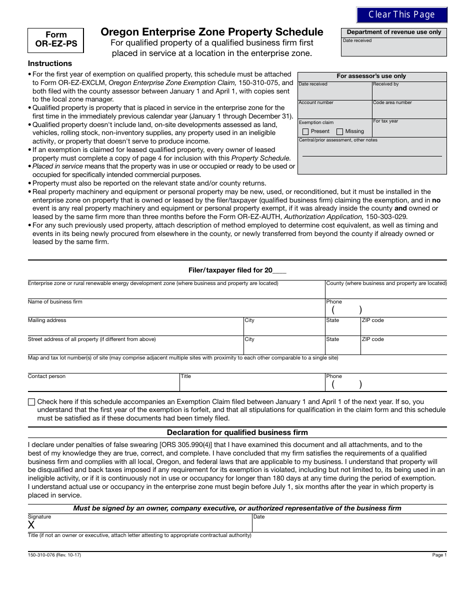 Form OR-EZ-PS Oregon Enterprise Zone Property Schedule - Oregon, Page 1