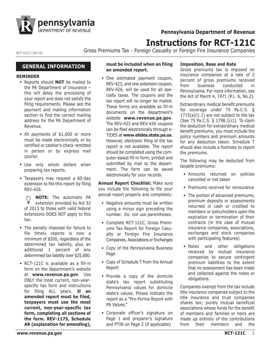 Instructions for Form RCT-121C Gross Premiums Tax Report - Foreign Casualty or Foreign Fire Insurance Companies - Pennsylvania, Page 1