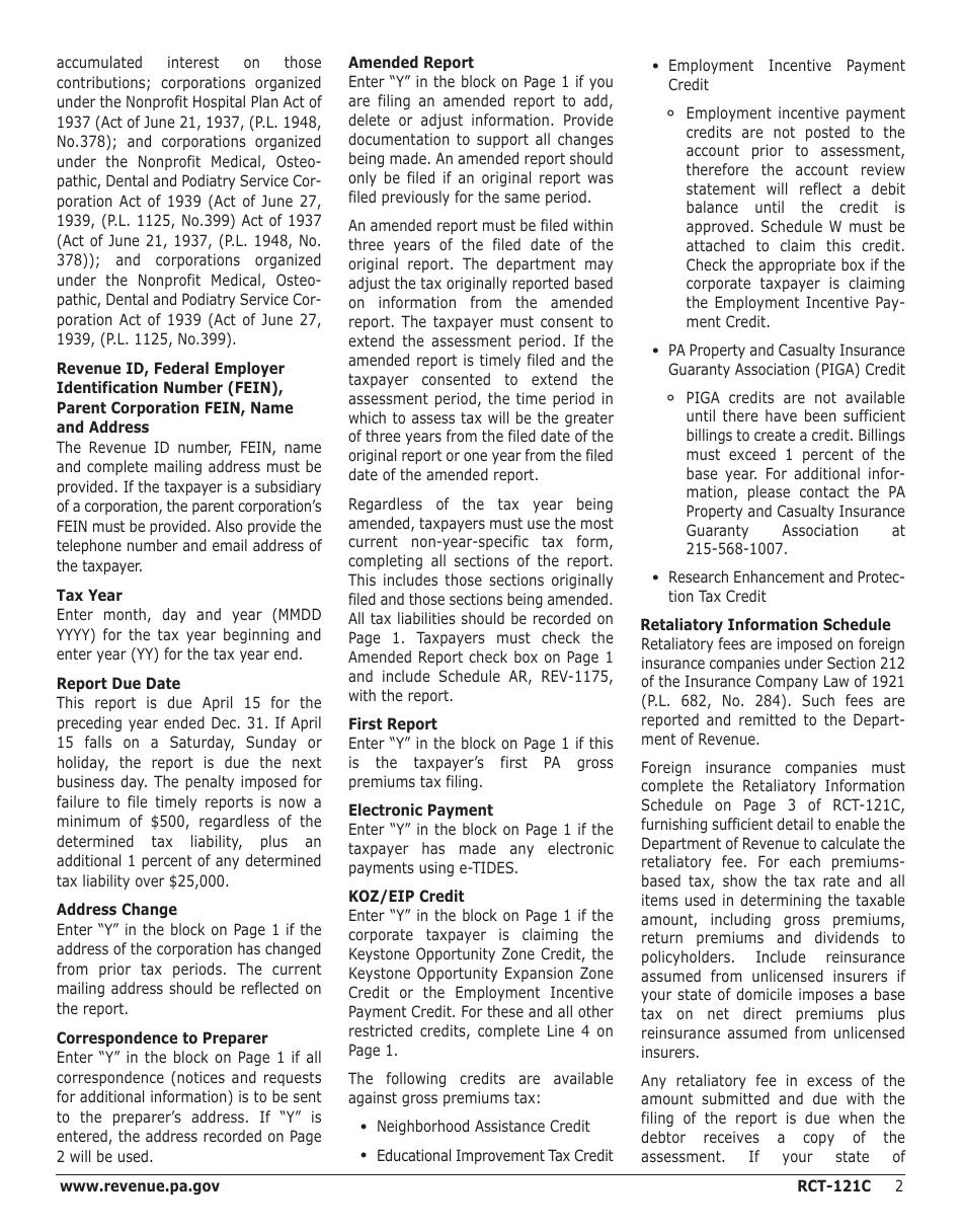 Instructions for Form RCT-121C Gross Premiums Tax Report - Foreign Casualty or Foreign Fire Insurance Companies - Pennsylvania, Page 2