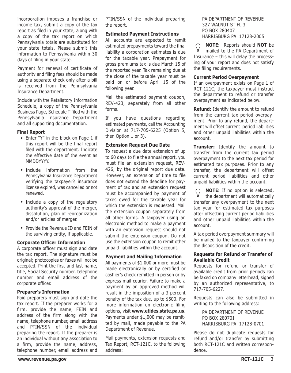 Instructions for Form RCT-121C Gross Premiums Tax Report - Foreign Casualty or Foreign Fire Insurance Companies - Pennsylvania, Page 3
