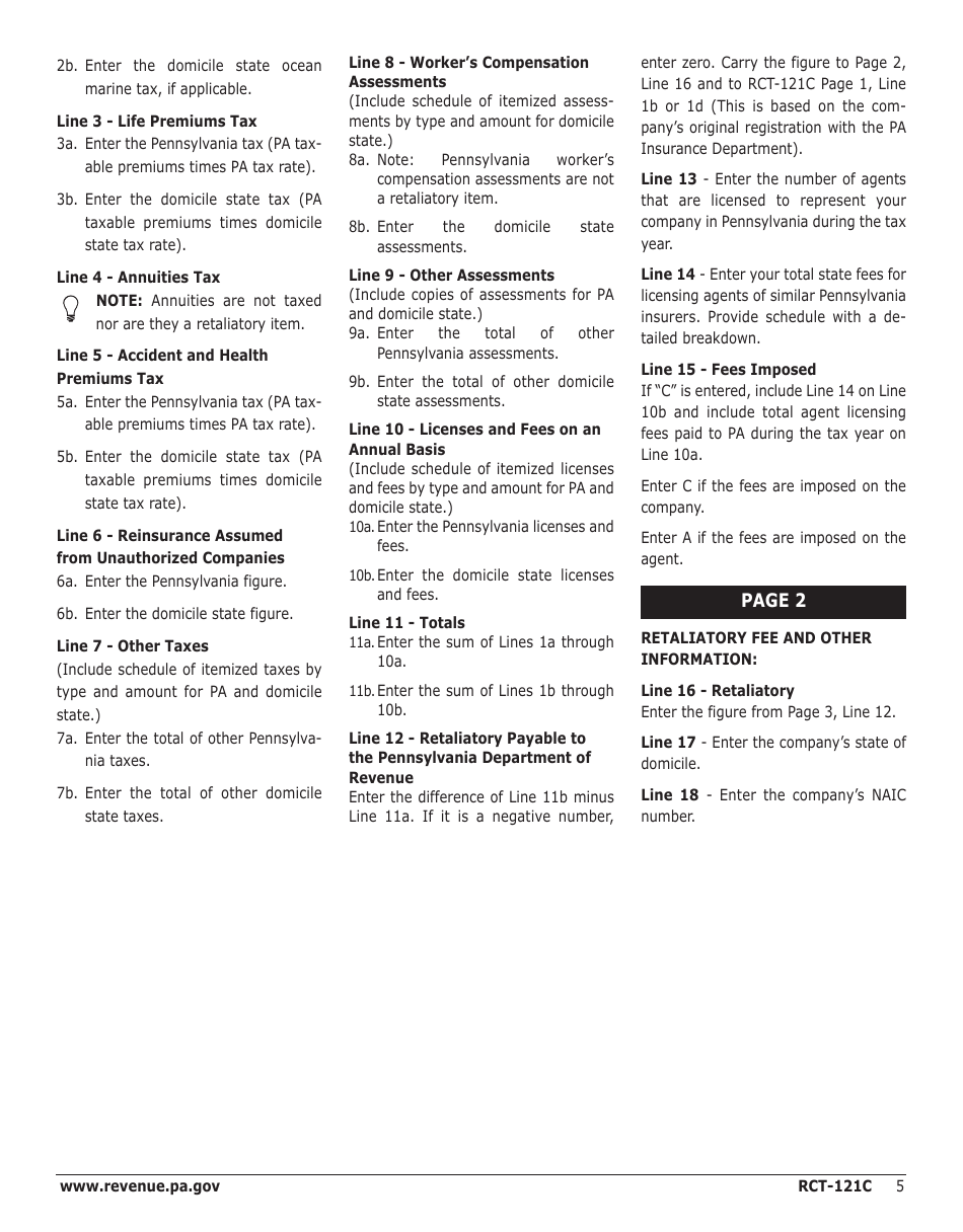 Instructions for Form RCT-121C Gross Premiums Tax Report - Foreign Casualty or Foreign Fire Insurance Companies - Pennsylvania, Page 5