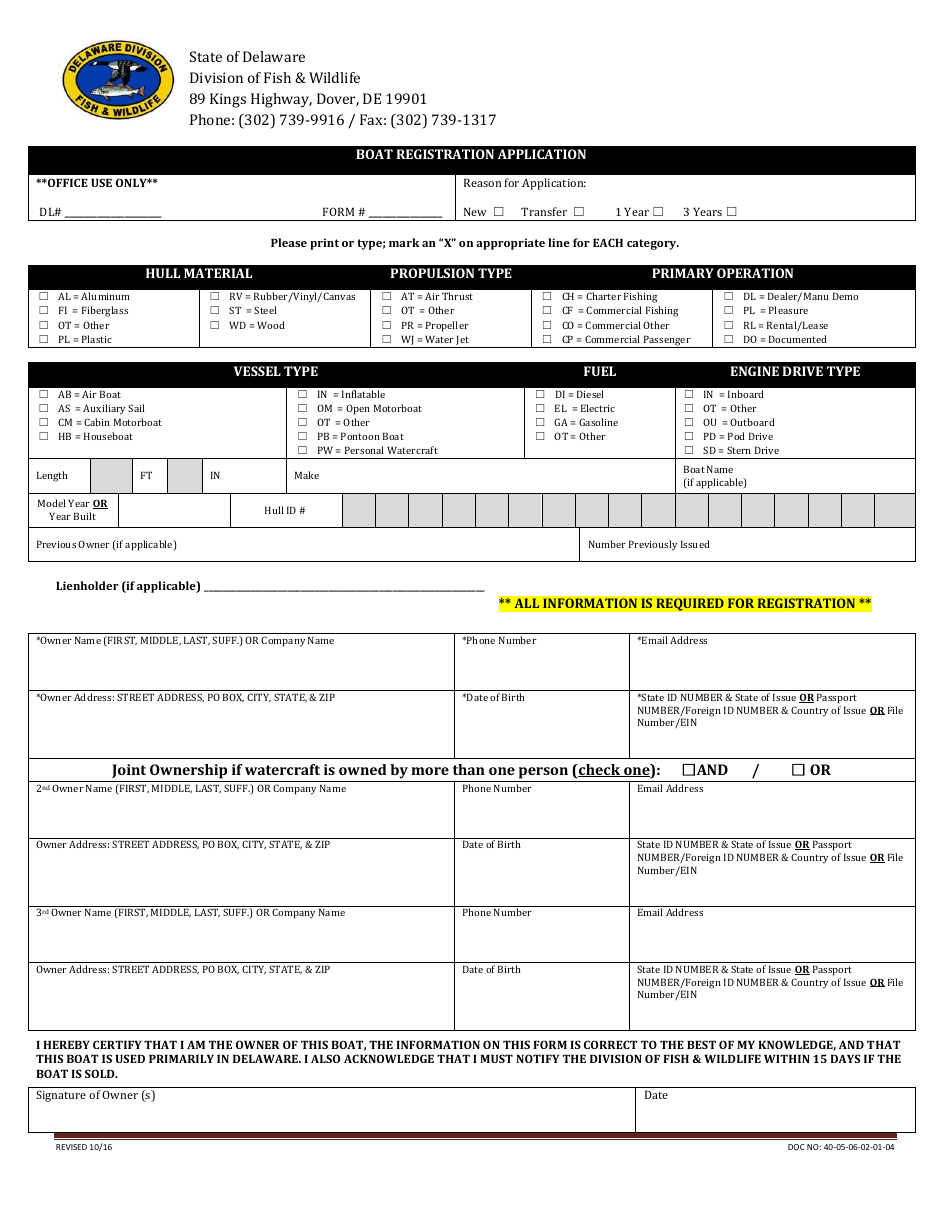 Boat Registration Application - Delaware, Page 1