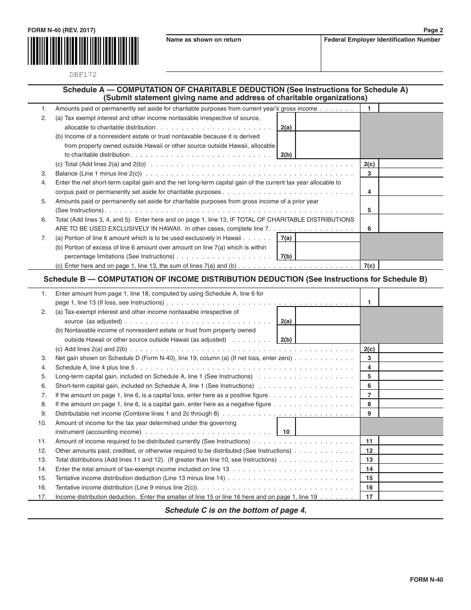 Form N-40 Fiduciary Income Tax Return - Hawaii, Page 2