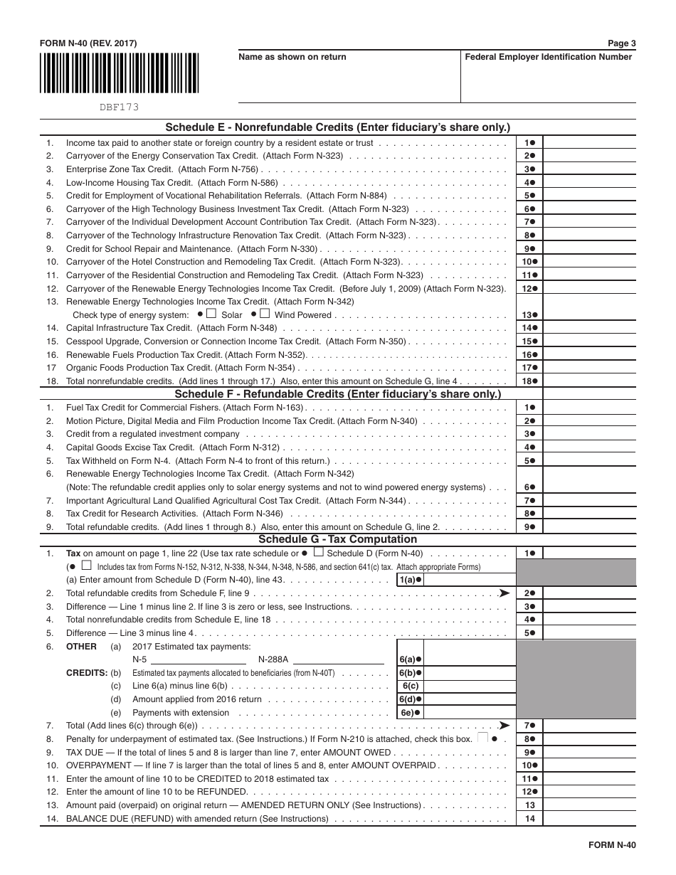 Form N-40 Fiduciary Income Tax Return - Hawaii, Page 3