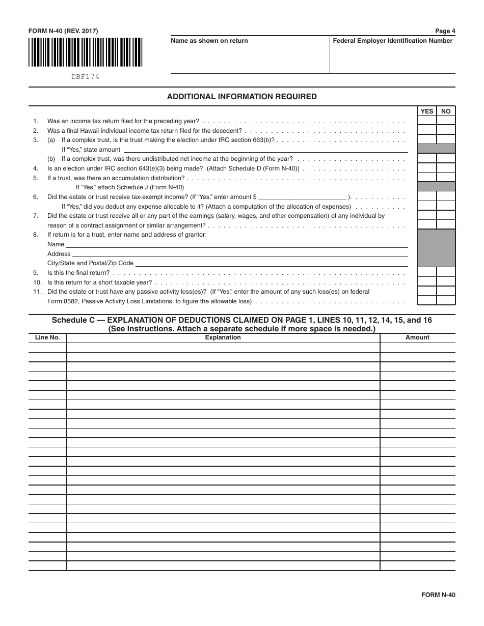 Form N-40 Fiduciary Income Tax Return - Hawaii, Page 4