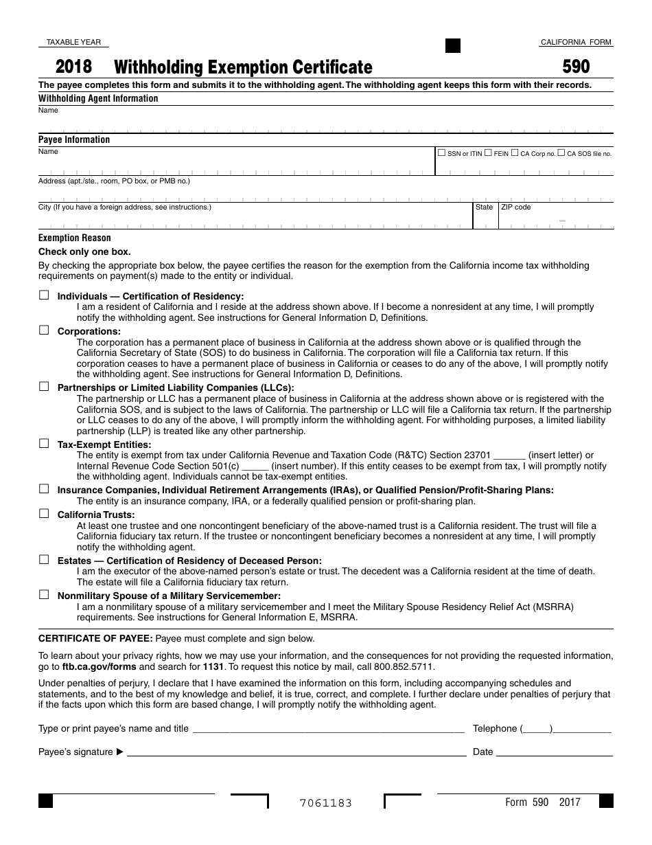 Form 590 Withholding Exemption Certificate - California, Page 1
