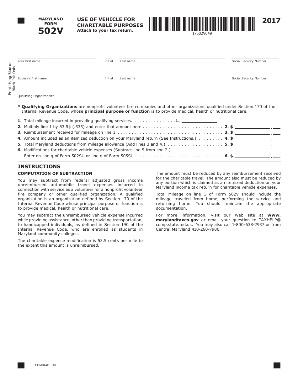 Form 502v Use of Vehicle for Charitable Purposes - Maryland, Page 1