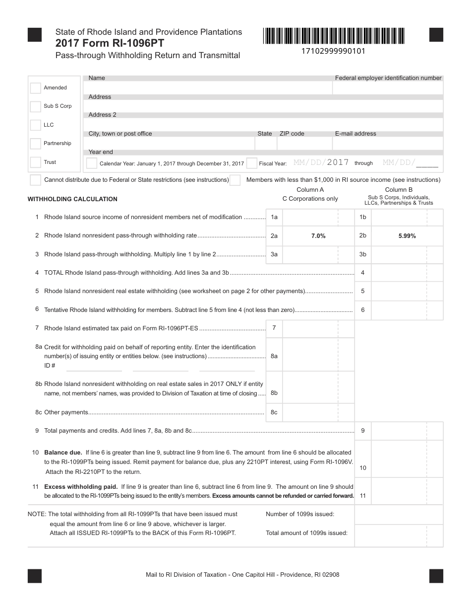 Form RI-1096PT Pass-Through Withholding Return and Transmittal - Rhode Island, Page 1