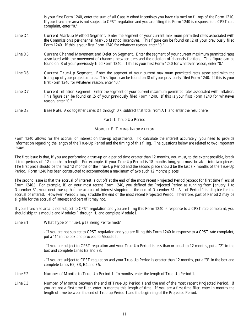 Instructions for FCC Form 1240 Annual Updating for Maximum Permitted Rates for Regulated Cable Services, Page 11