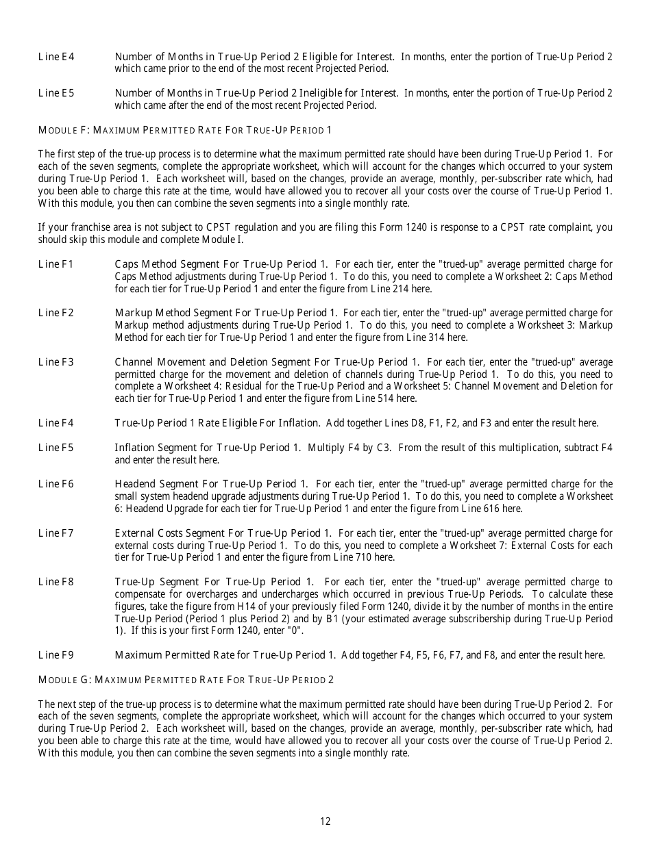 Instructions for FCC Form 1240 Annual Updating for Maximum Permitted Rates for Regulated Cable Services, Page 12