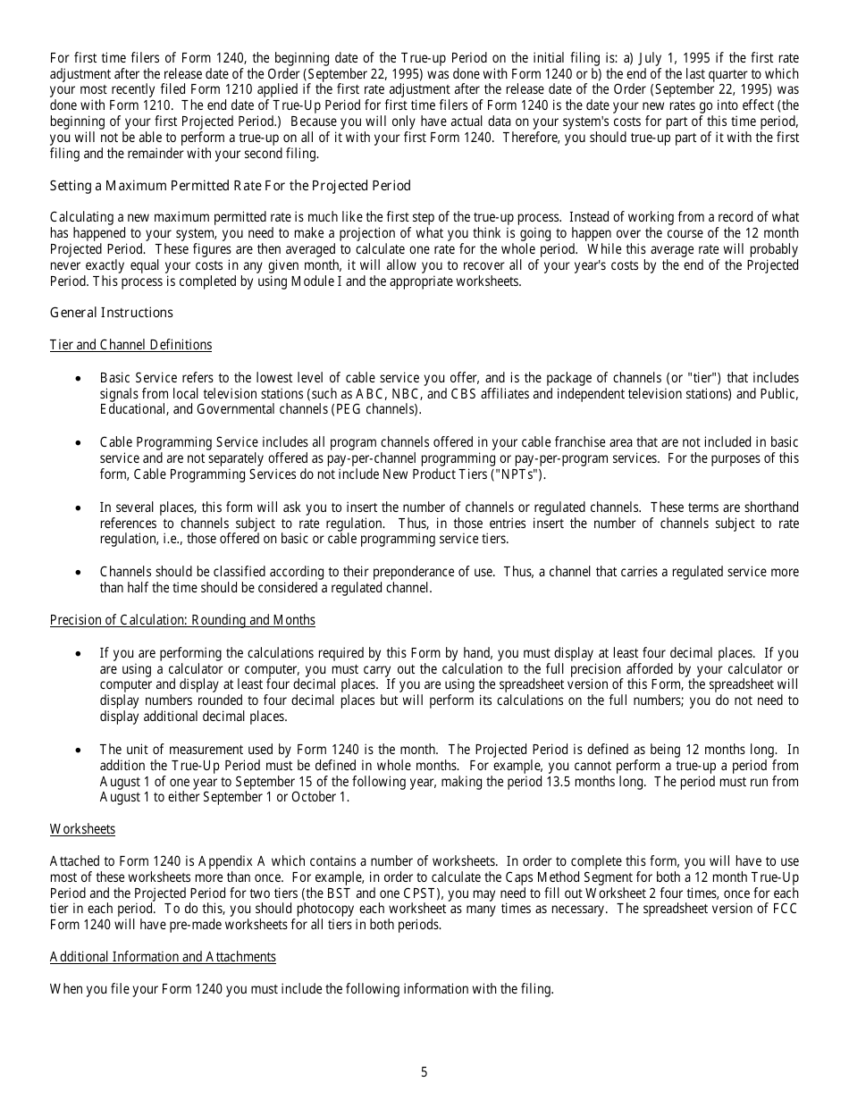 Instructions for FCC Form 1240 Annual Updating for Maximum Permitted Rates for Regulated Cable Services, Page 5