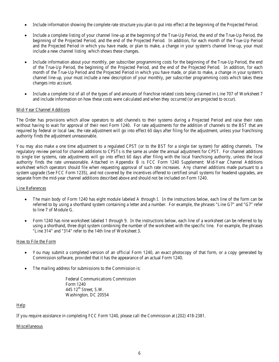Instructions for FCC Form 1240 Annual Updating for Maximum Permitted Rates for Regulated Cable Services, Page 6