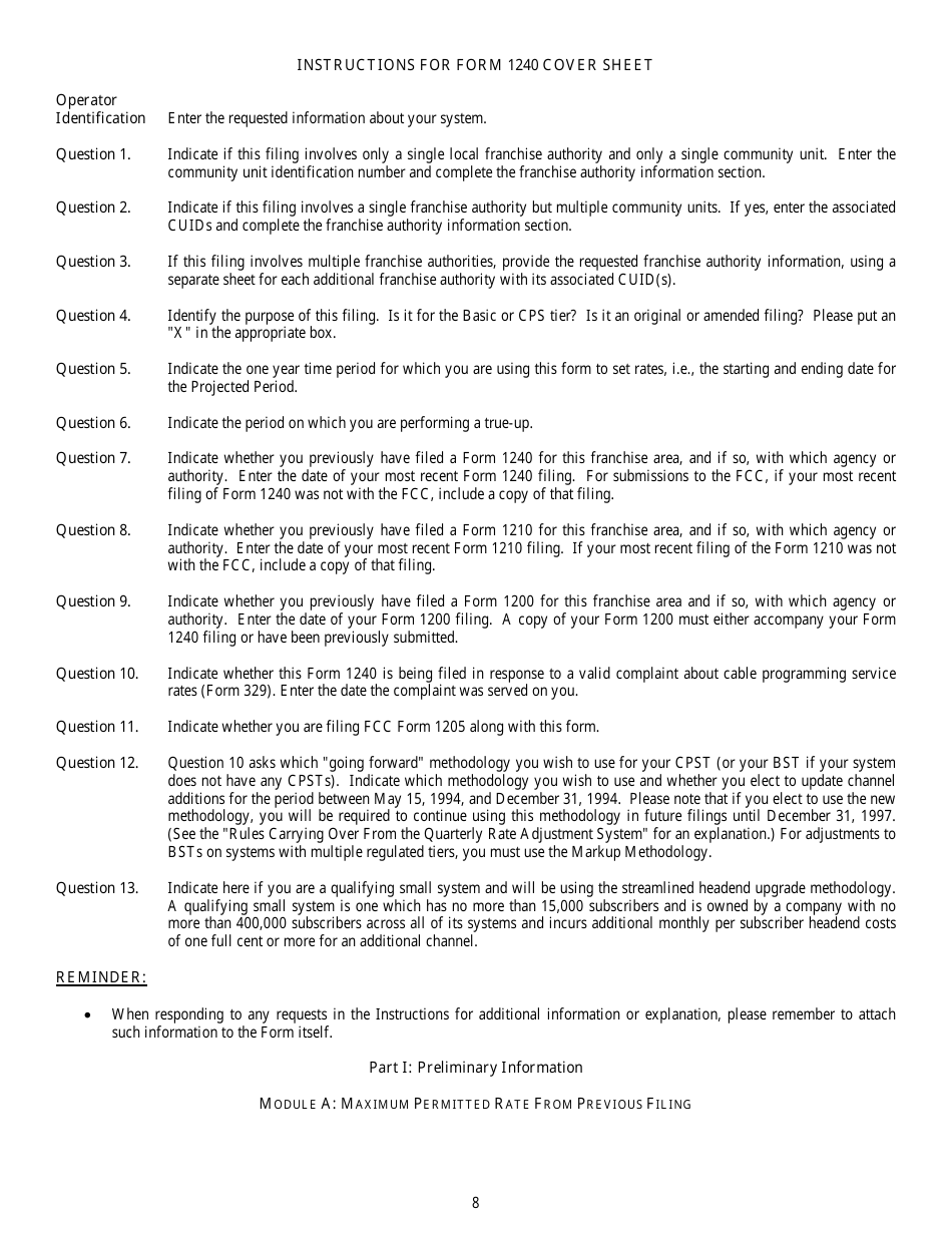 Instructions for FCC Form 1240 Annual Updating for Maximum Permitted Rates for Regulated Cable Services, Page 8