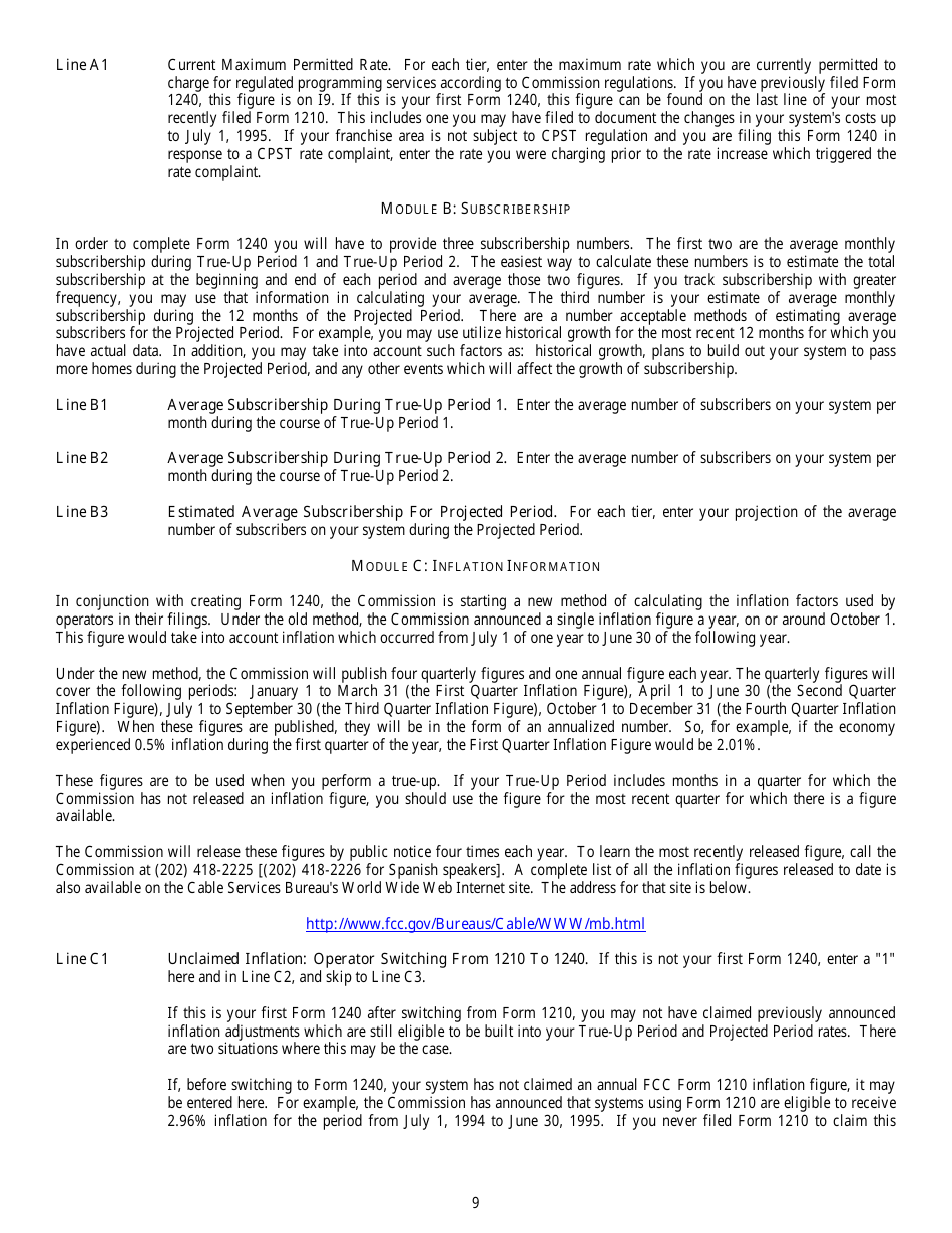 Instructions for FCC Form 1240 Annual Updating for Maximum Permitted Rates for Regulated Cable Services, Page 9