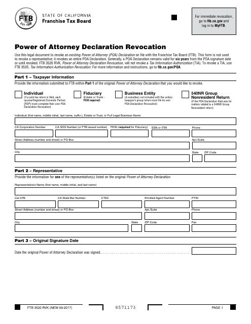 Form FTB3520 RVK Power of Attorney Declaration Revocation - California