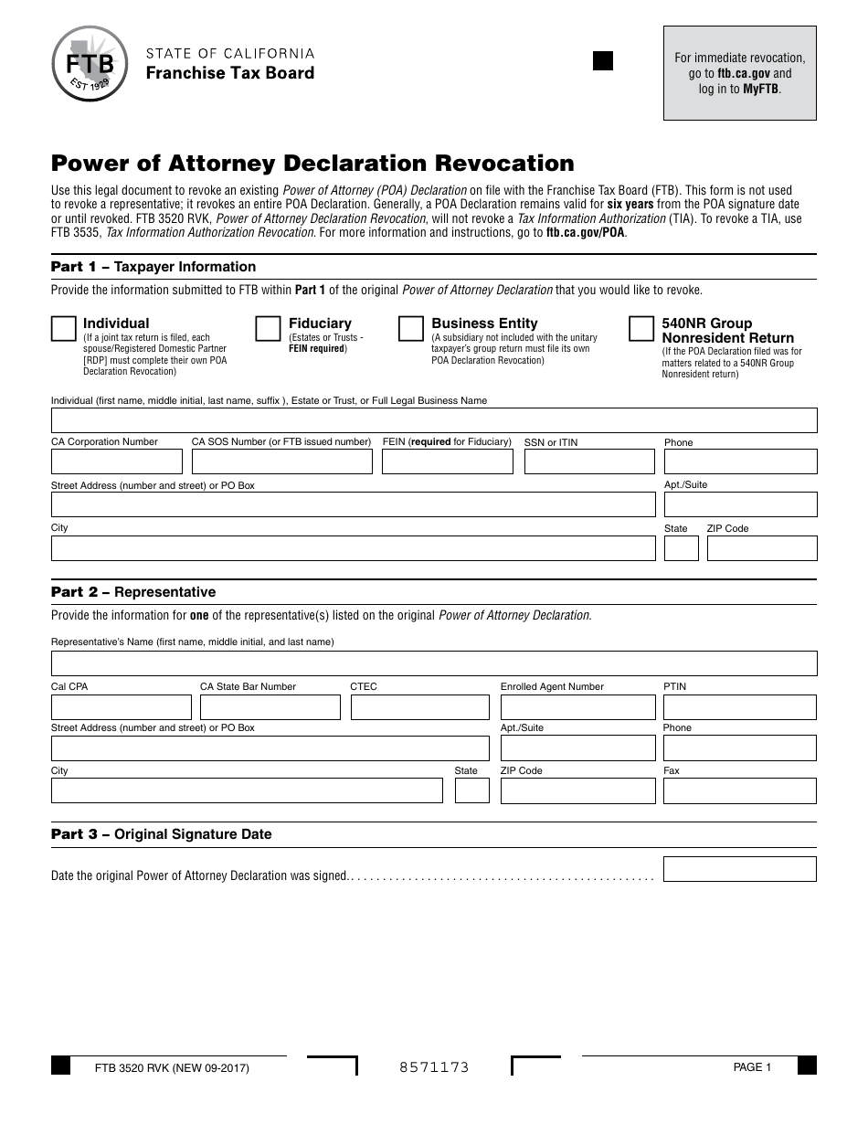 Form FTB3520 RVK Power of Attorney Declaration Revocation - California, Page 1