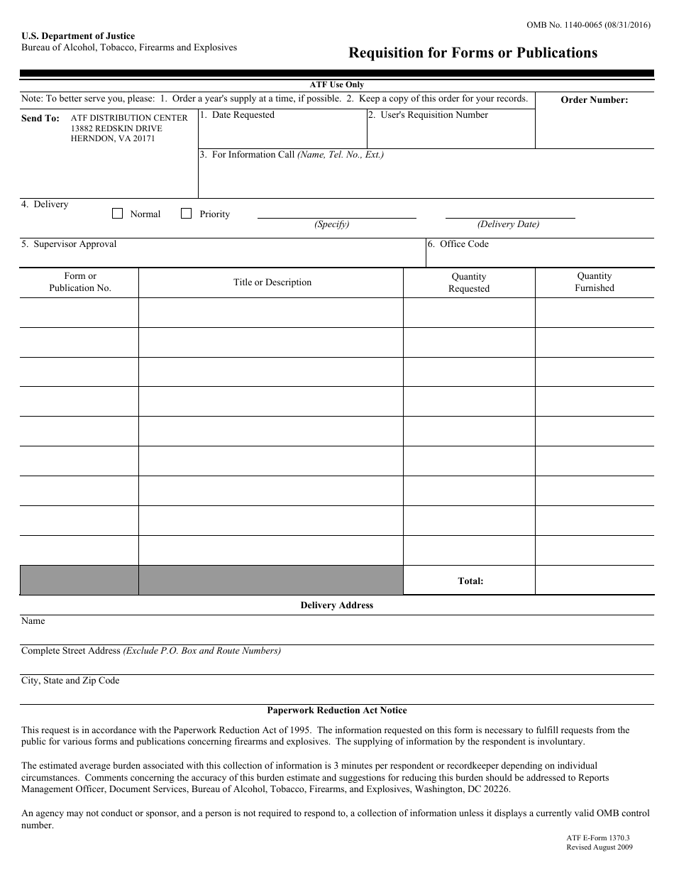 ATF Form 1370.3 Requisition for Forms or Publications, Page 1