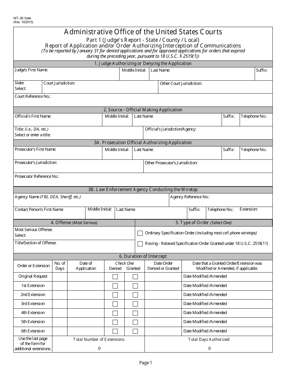 Form WT-2B State Report of Application and / or Order Authorizing Interception of Communications, Page 1