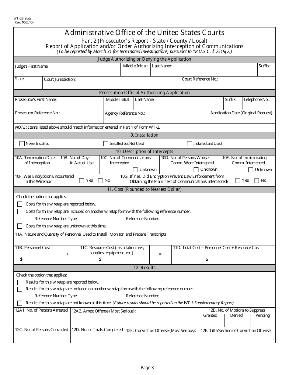 Form WT-2B State Report of Application and / or Order Authorizing Interception of Communications, Page 3