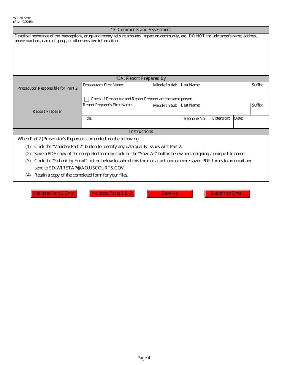 Form WT-2B State Report of Application and / or Order Authorizing Interception of Communications, Page 4