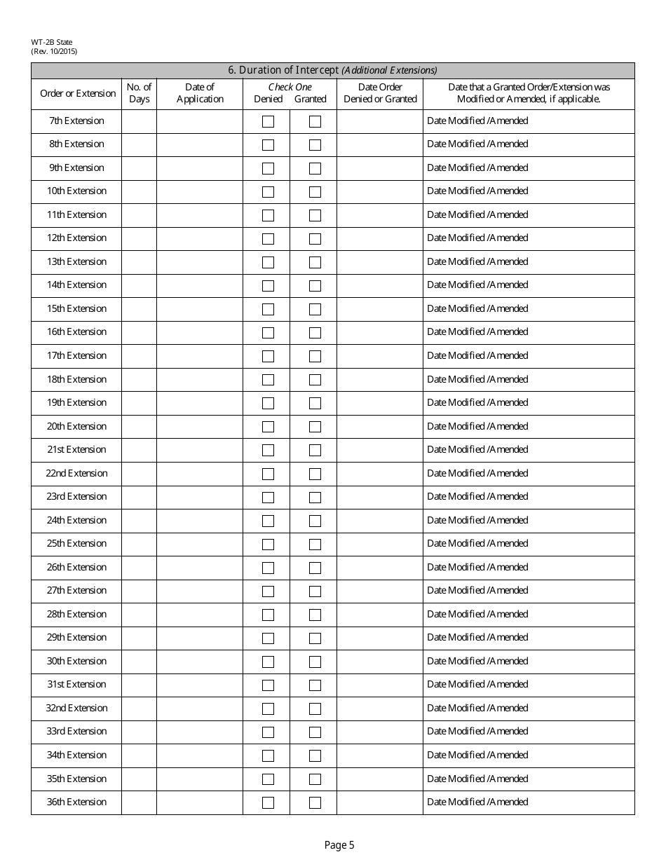 Form WT-2B State Report of Application and / or Order Authorizing Interception of Communications, Page 5