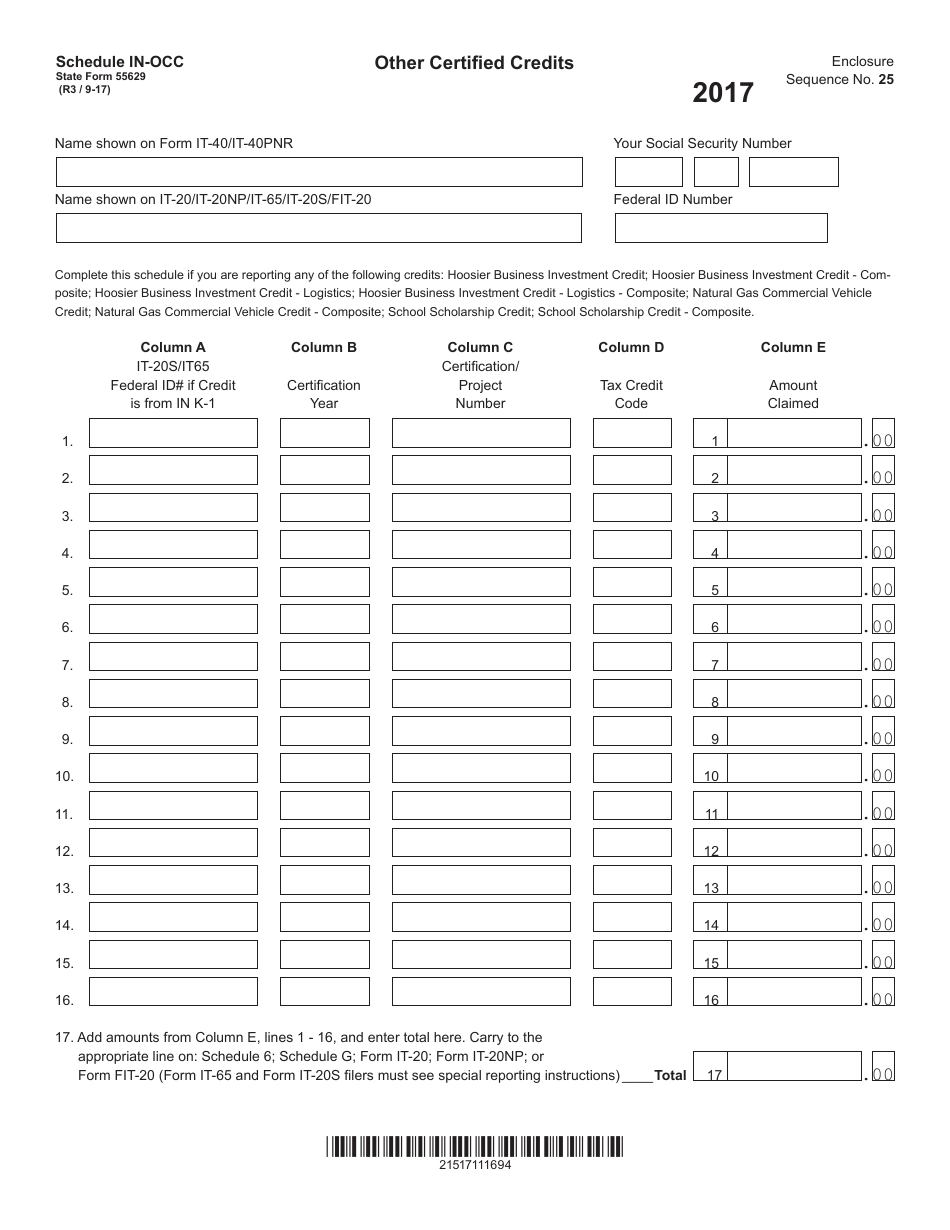 Form 55629 Schedule IN-OCC - 2017 - Fill Out, Sign Online and Download ...